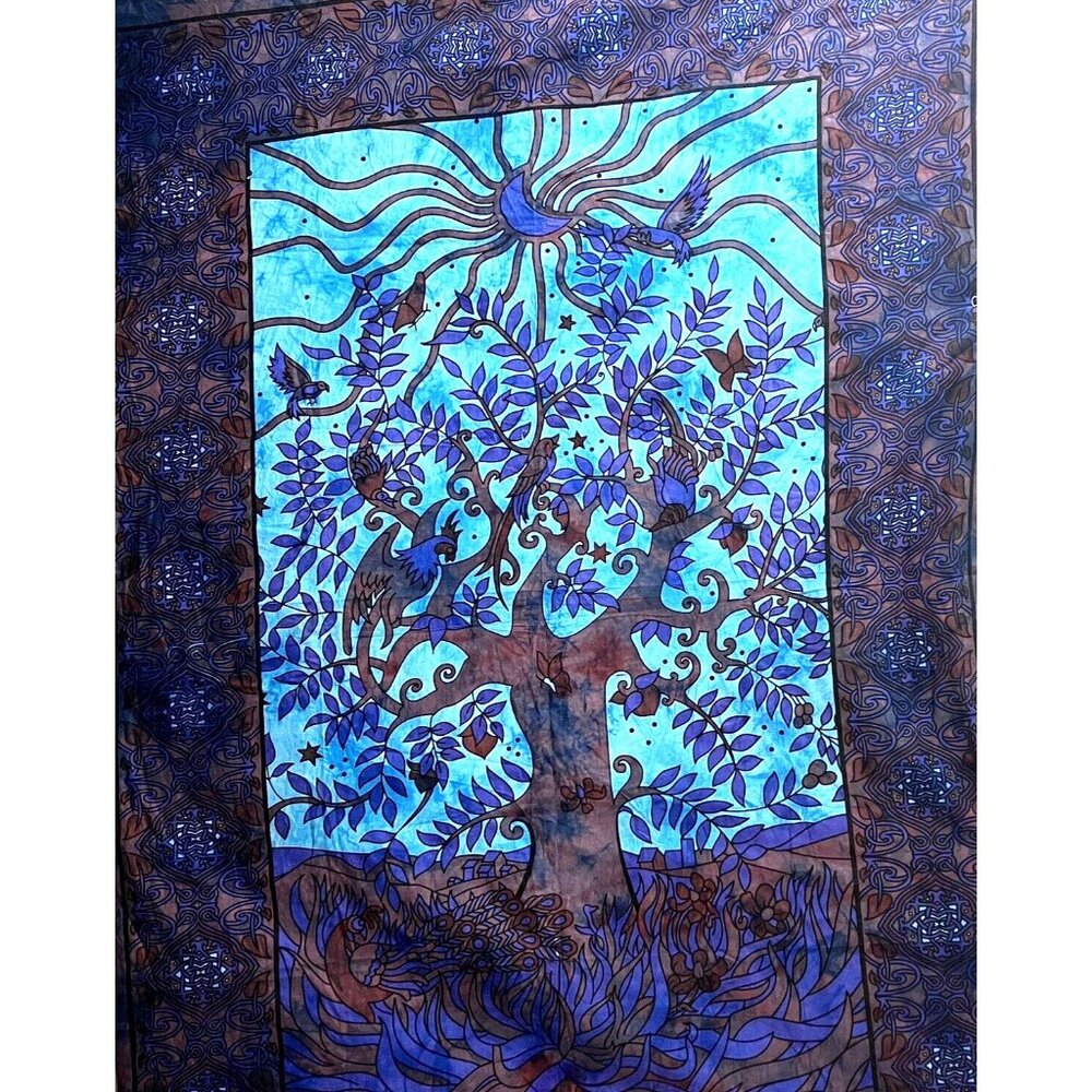 Tapestry Wall Hanging Tree of Life Tye Dye Decor Blue Boho Twin Bed Cover 81"x58